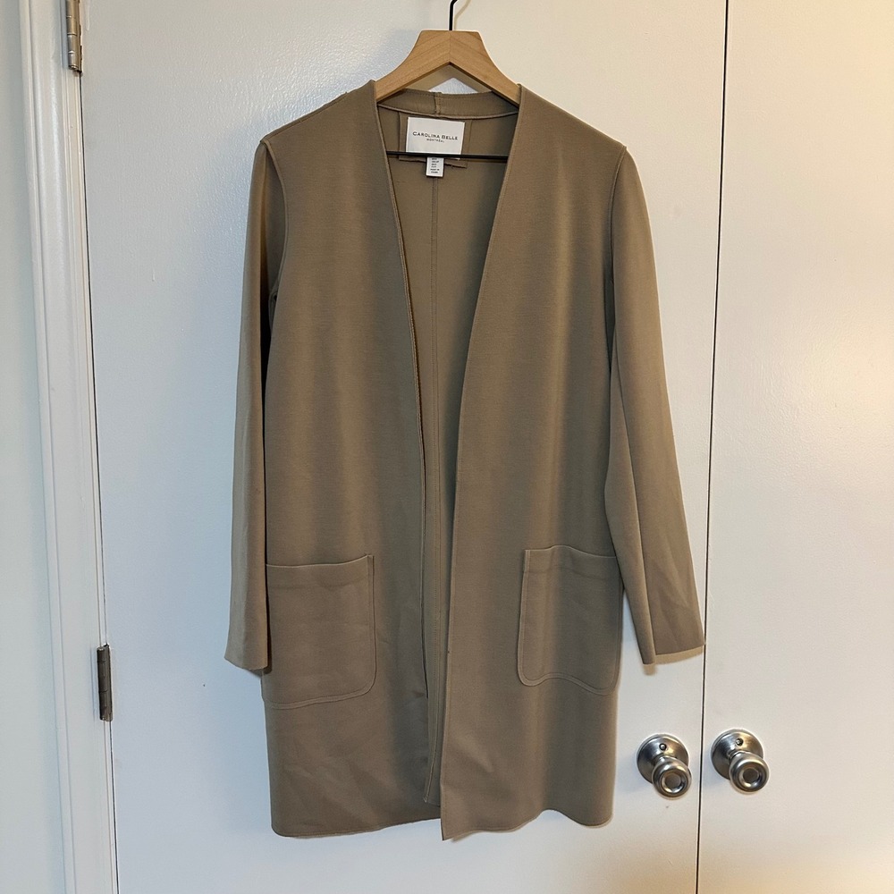 Carolina Belle Montreal | Taupe Tan Open Front Long Cardigan‎ Jacket, Size S
